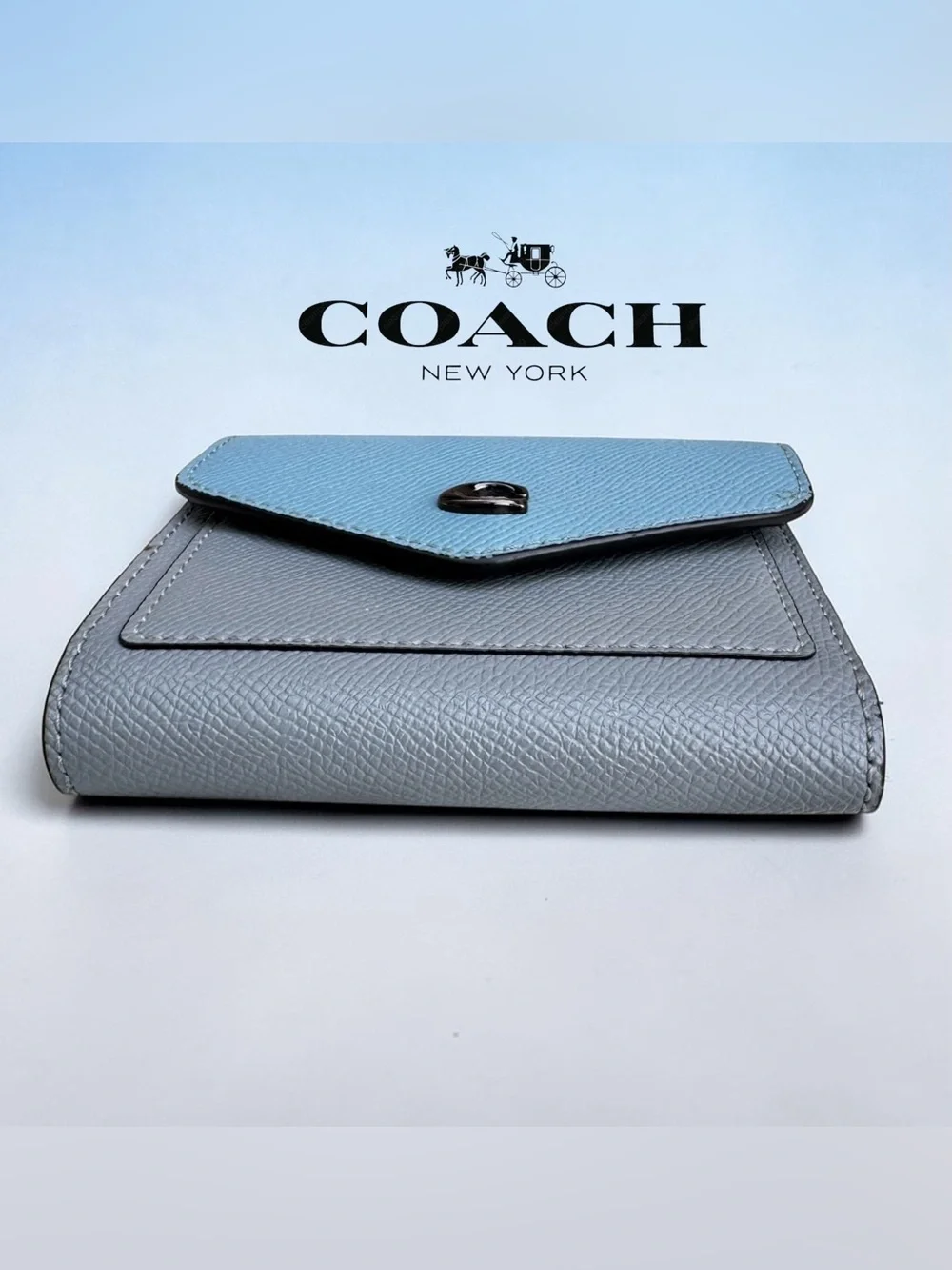 COACH Wyn Small Wallet in Dove Grey and Sky Blue Multi Colorblock.